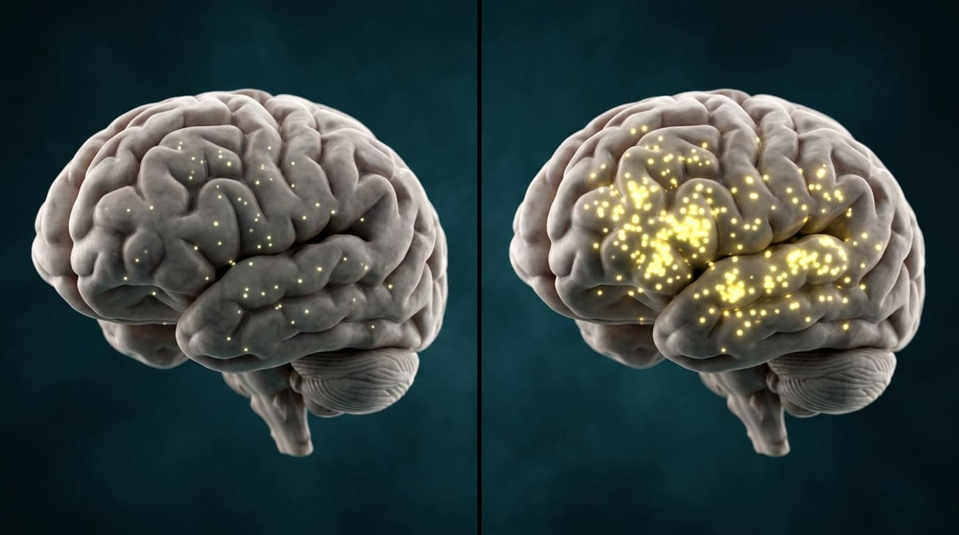 Two brain renders side by side, the right showing denser receptor points.