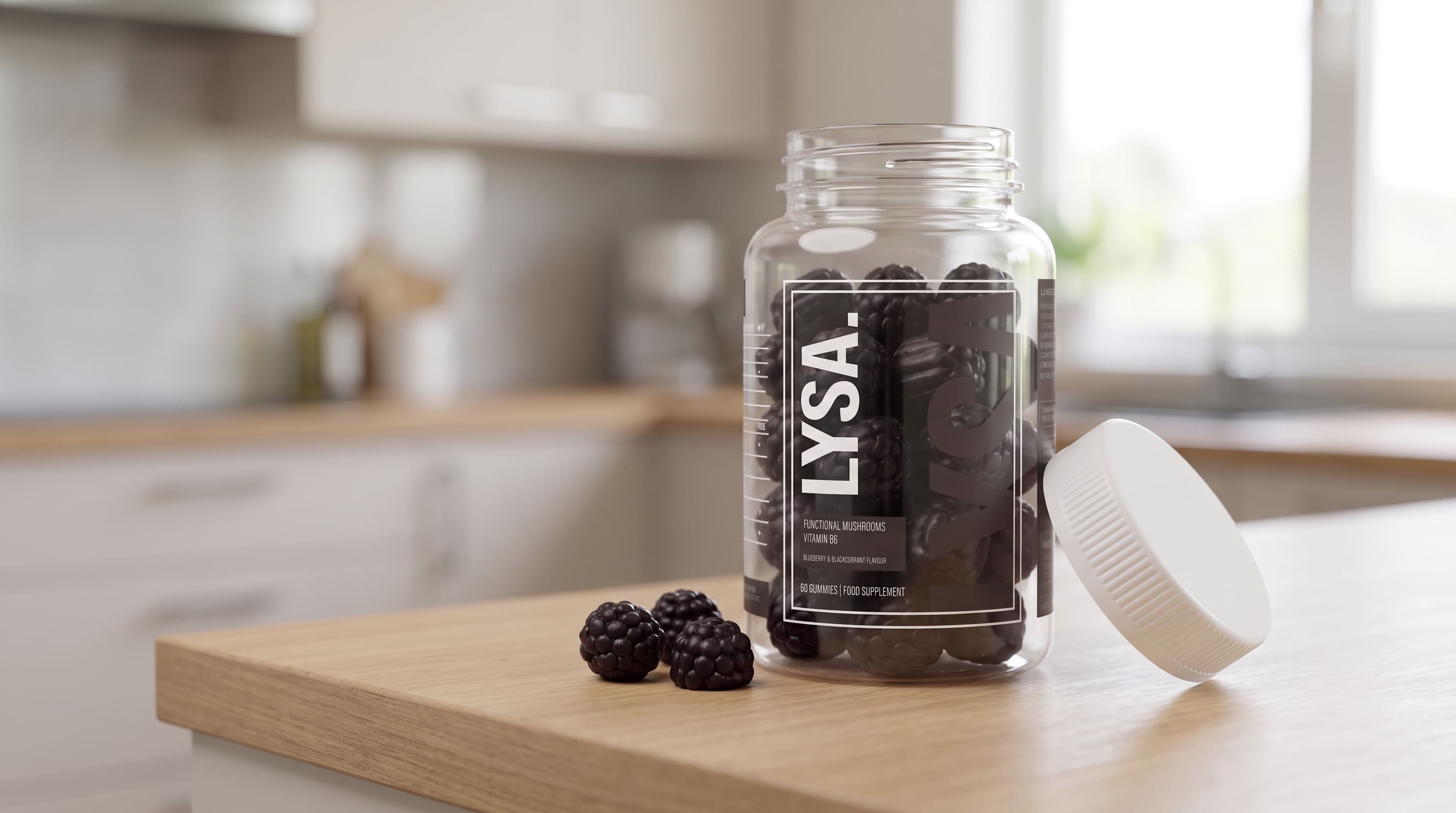 A jar of Lysa Wellness gummies on a kitchen worktop.